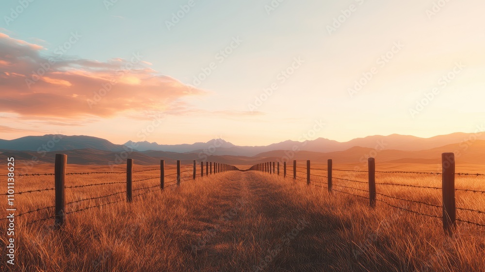 Obraz premium A serene landscape at sunset featuring a dirt path bordered by wooden posts, leading towards distant mountains under a colorful sky.