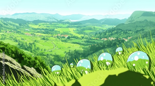 A serene landscape featuring rolling hills and whimsical mushrooms in a vibrant green setting. photo