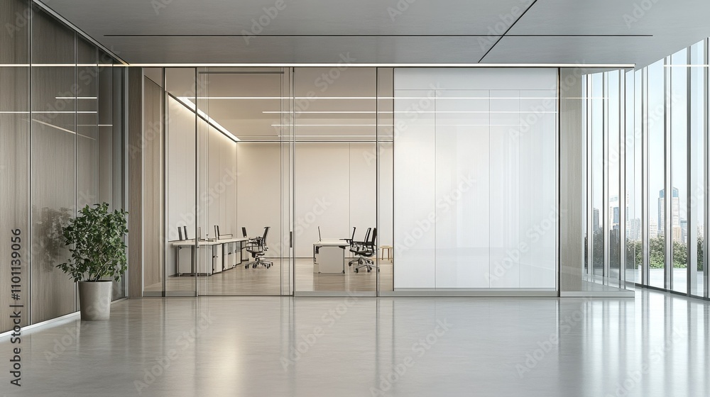 Naklejka premium Sleek and Minimalist Office Space with Panoramic Views