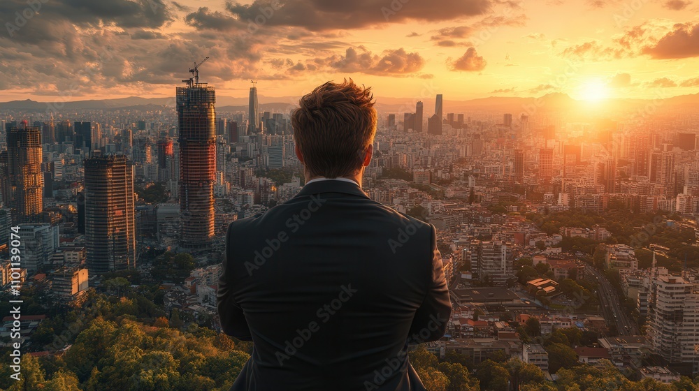Fototapeta premium A man in a suit watches a stunning sunset over a sprawling cityscape, symbolizing ambition and reflection amid urban beauty.