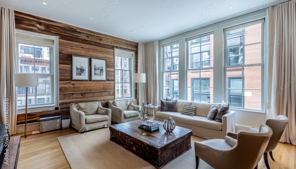 Fototapeta premium Cozy and Modern Luxury Apartment with Wooden Accent Wall