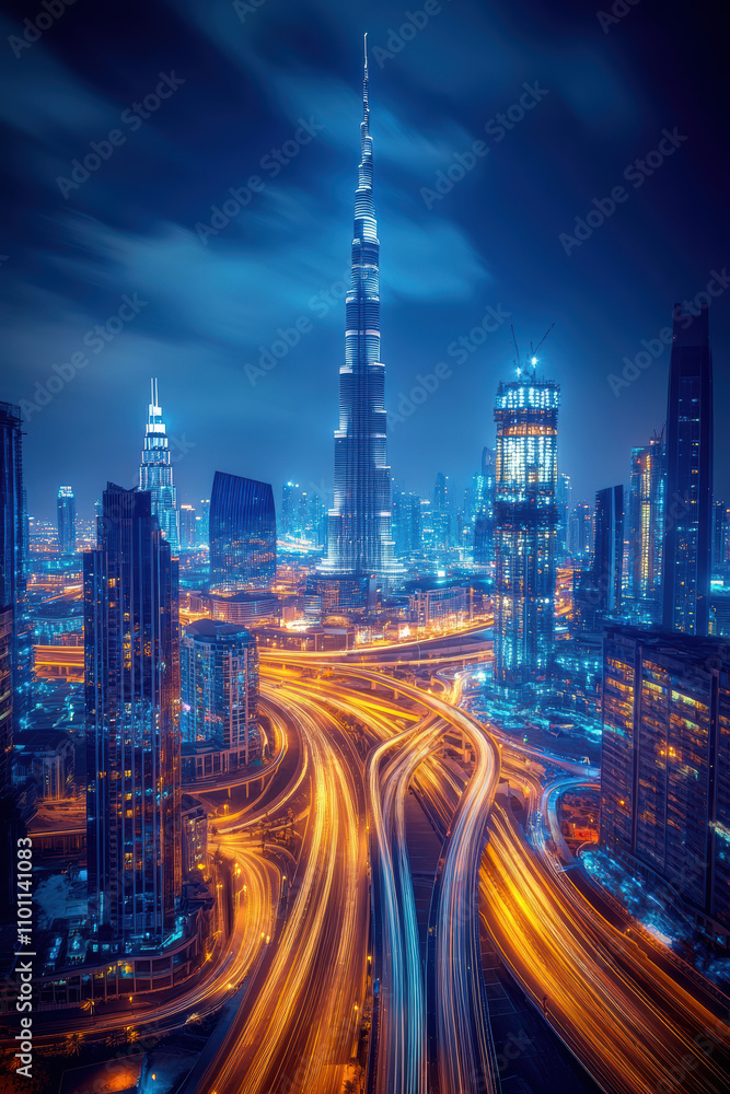 Obraz premium Tall buildings and light trails in the dark sky