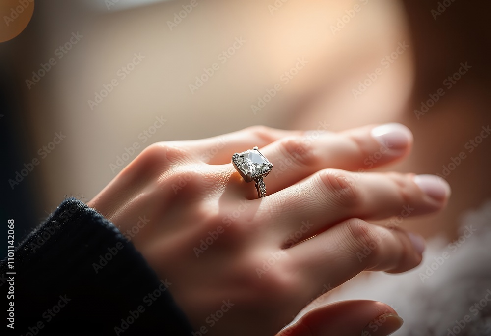 Sparkling Diamond Engagement Ring on Woman s Hand Closeup Sparkling Diamond Engagement Ring on Woman s Hand Closeup