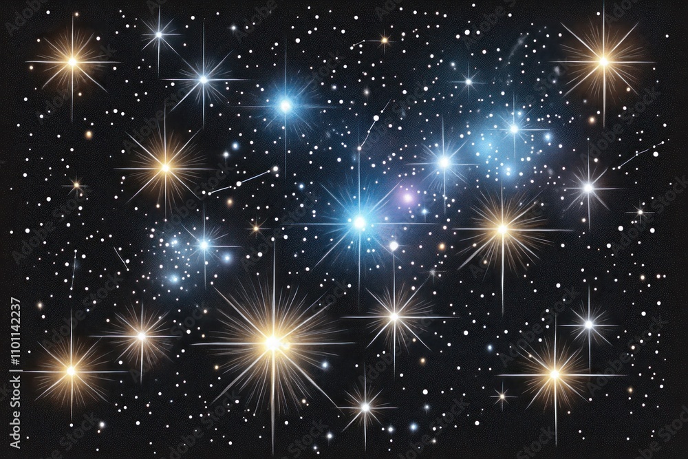Fototapeta premium A vibrant depiction of a star-filled night sky with various celestial bodies and twinkling stars.