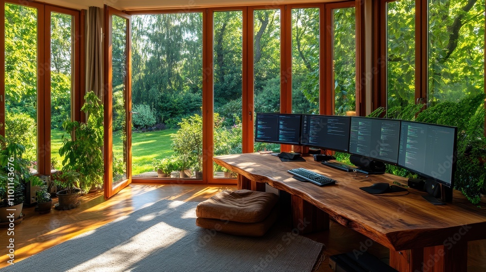 Fototapeta premium Serene Home Office with Stunning Garden View