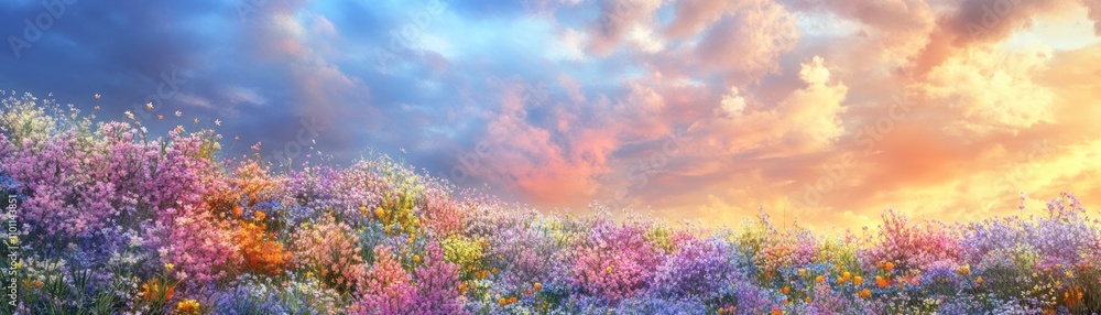 Obraz premium A vibrant landscape of wildflowers under a colorful sunset sky.
