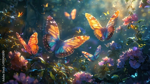 Stunning Morning Forest Illustration Teeming with Beautiful Butterflies in Soft Light