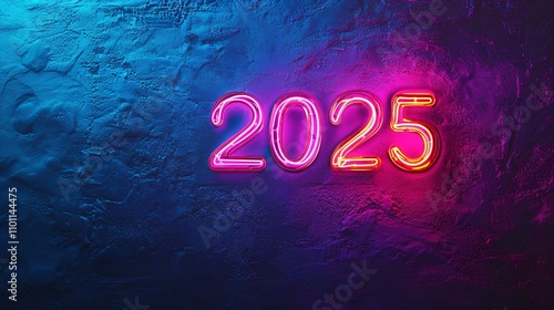 A modern New Year design with neon-style numbers for the upcoming year glowing against a dark urban background Stock Photo with side copy space