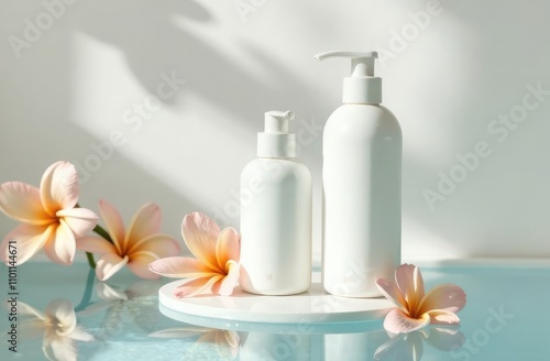 skincare lotion bottle cream packaging product on white décor background with flowers and water pool. Beauty blogging, salon treatment concept, minimalism brand packaging