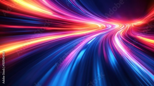 Abstract light trails of red, blue, yellow, and purple streaks of light on a dark background, forming a tunnel.