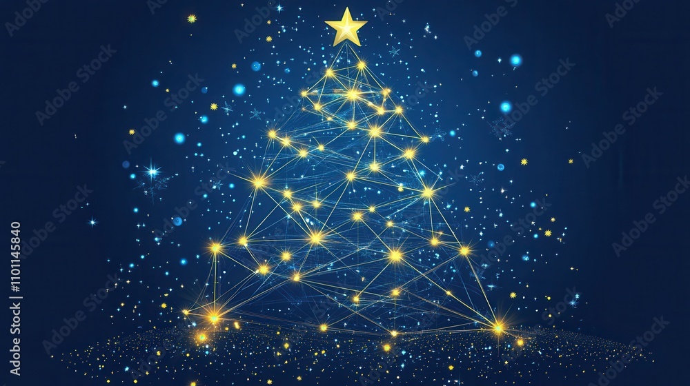 Fototapeta premium A stylized Christmas tree made of lights and stars against a dark blue background.