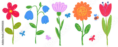 Crayon flowers. Colored pencil and pastel chalk spring floral illustration with butterfly. Hand drawn kids cute painting. Vector plants with sketch texture.