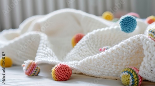 A lovely white baby blanket with colorful pom-poms photo