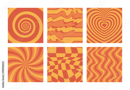 Psychedelic retro abstract backgrounds 70s style set. Vintage distorted patterns.