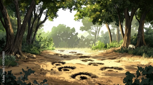 A serene forest scene with animal tracks on a sandy path surrounded by trees.