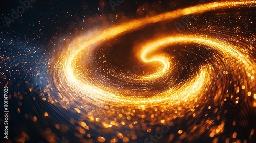 An abstract New Year background with swirling golden light trails forming dynamic shapes on a dark backdrop Stock Photo with side copy space