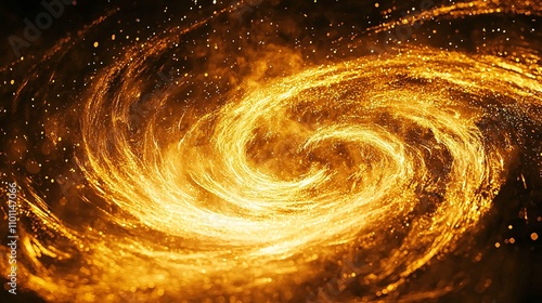 An abstract New Year background with swirling golden light trails forming dynamic shapes on a dark backdrop Stock Photo with side copy space