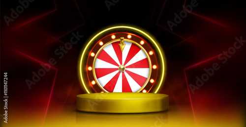 3d casino neon podium with poker game roulette. Gold winner platform for bonus or promotion. Gambling website welcome template with red light. Vegas wheel graphic with golden stage design scene