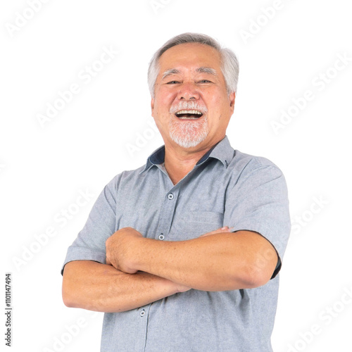 Portrait Asian senior man , old man , standing arms crossed feel happy good health , laughing isolated on a transparent background - lifestyle senior male concept