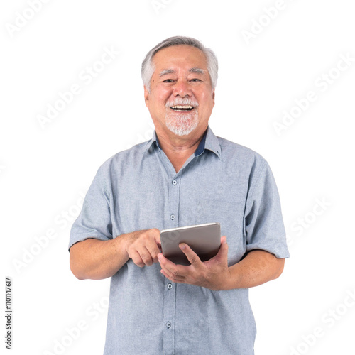 Asian senior businessman , old man feel happy using a smartphone isolated on a transparent background - lifestyle senior concept
