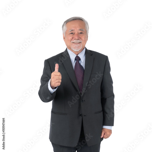 Asian senior businessman , old man with suit giving a thumb up hand isolated on a transparent background - lifestyle senior male concept