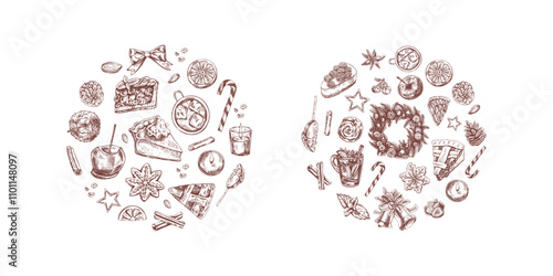 Hand-drawn Christmas wreath and festive holiday food illustration
