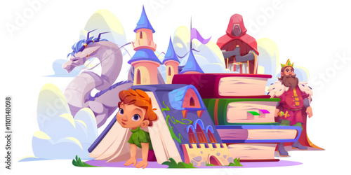 Kid read open tale book with magic story cartoon. Fantasy school storybook about castle, knight and king. Medieval legend about dragon for boy isolated graphic design. Child imagination with creature