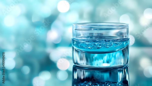 Aqua Serenity: A Glass of Sparkling Blue Liquid Against a Dreamy Teal Background