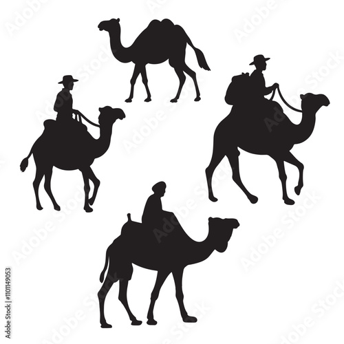 Set of black camels silhouettes on white background illustration