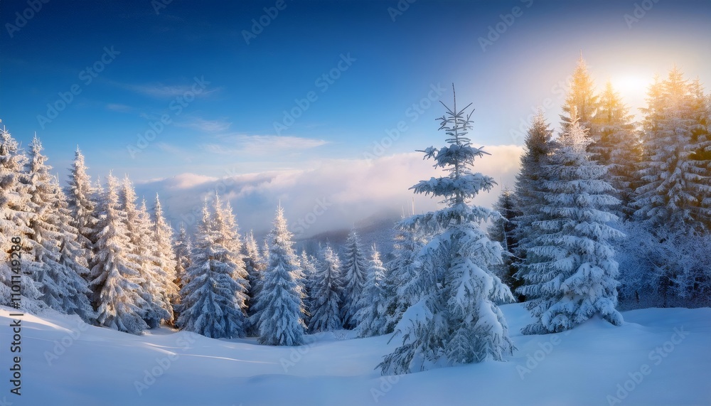 Obraz premium Gorgeous winter scenery with sunlit snow covered pine trees in a mountain forest, evoking a magical ambiance at sunrise