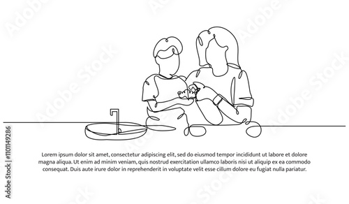 One continuous line design of a mother teaches a boy to wash his hands in the sink. Minimalist style vector illustration on white background.