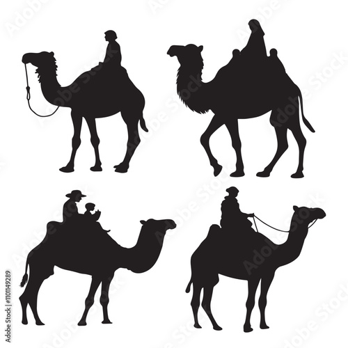 Set of black camels silhouettes on white background illustration
