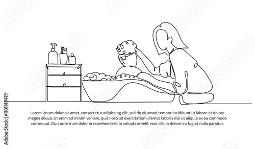 One continuous line design of a mother bathing her child while soaking in the bathroom. Minimalist style vector illustration on white background.