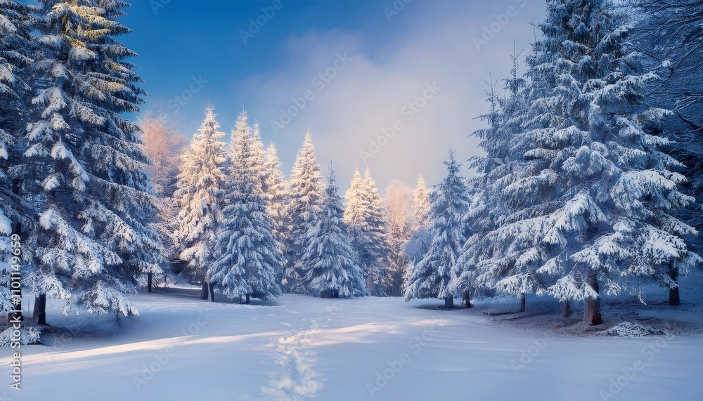 Obraz premium Tranquil winter scene with footprints in fresh snow winding through snow covered fir trees in the sunlight
