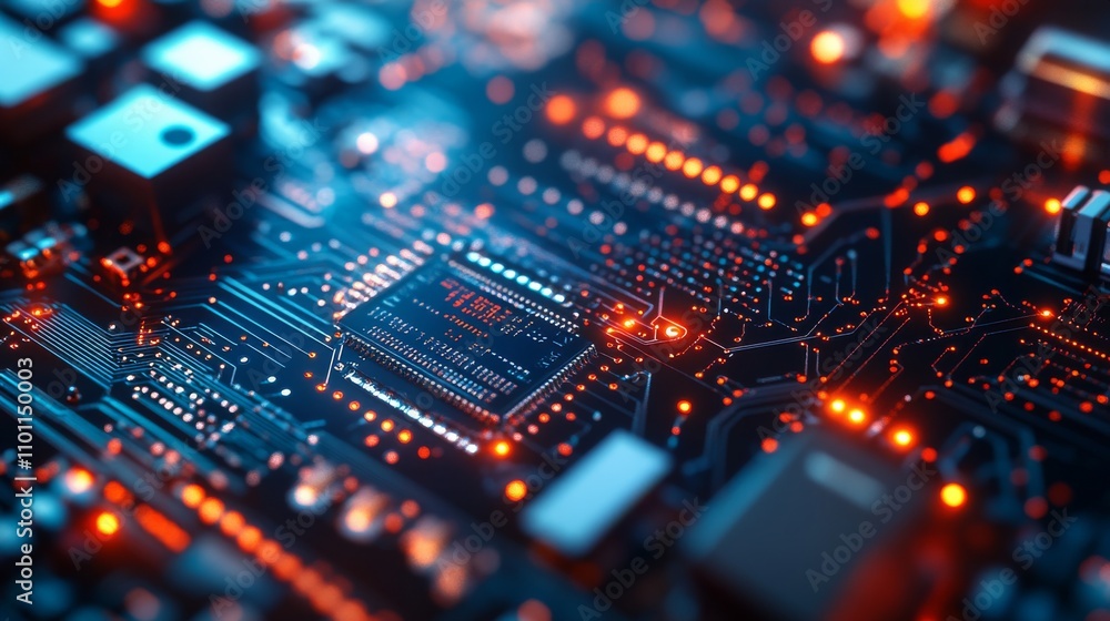 Obraz premium An intricate circuit board with glowing components, close-up view with illuminated parts, Tech-inspired style