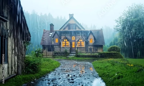 picturesque wooden house with glowing windows surrounded by lush greenery during heavy rainfall. A winding path and puddles reflect the golden light, creating a warm contrast against the misty, rainy  photo