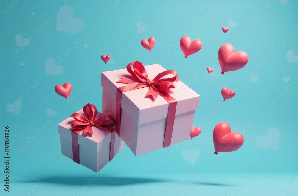 Obraz premium Gifts flying in the air on a blue background. Concept gift for a loved one, birthday, Valentine's Day. Levitation