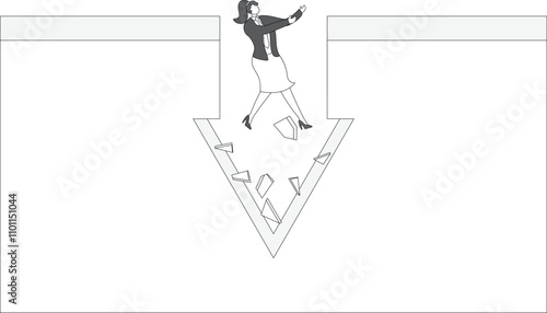 Businesswoman falling down a downward arrow shaped hole