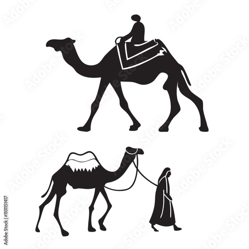 Set of black camels silhouettes on white background illustration
