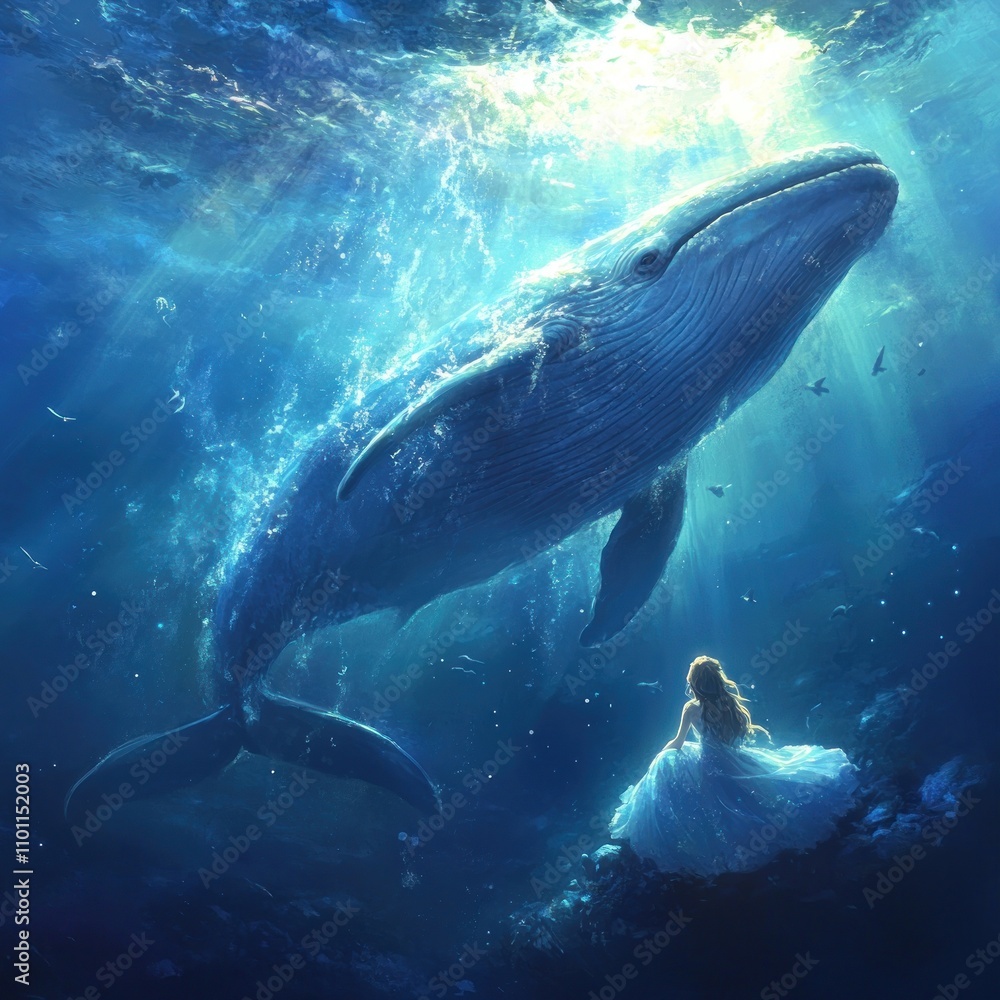 Obraz premium A young woman in a white dress gazes up at a large blue whale swimming overhead. The whale appears to be swimming towards the surface, with sunlight shining down from above.