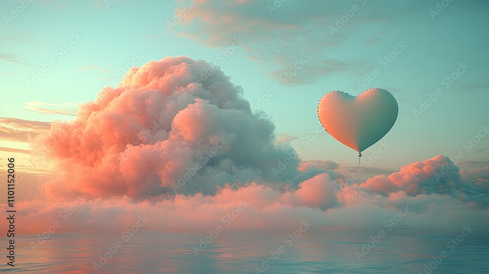 Fototapeta premium A heart-shaped hot air balloon floating above colorful clouds at sunset.