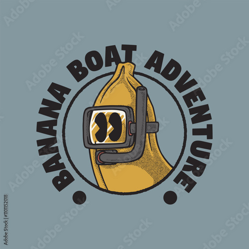retro cartoon emblem of banana wearing diving glasses