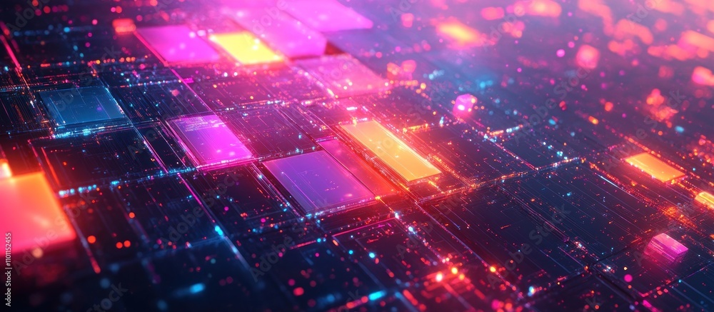 Obraz premium Abstract background of colorful glowing squares with depth and light.