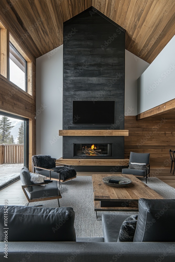 Fototapeta premium Cozy Mountain Cabin Interior with Fireplace and Wooden Decor