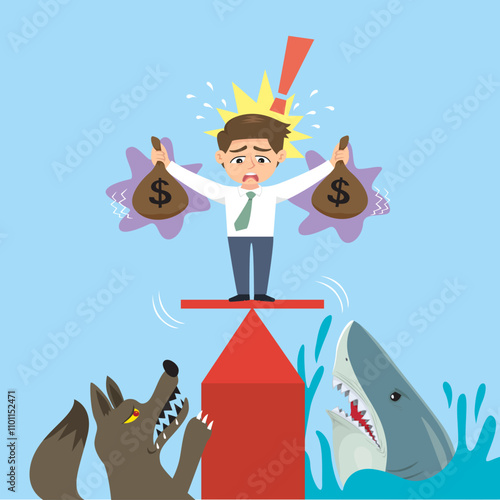 Cartoon man holding money in a dangerous.