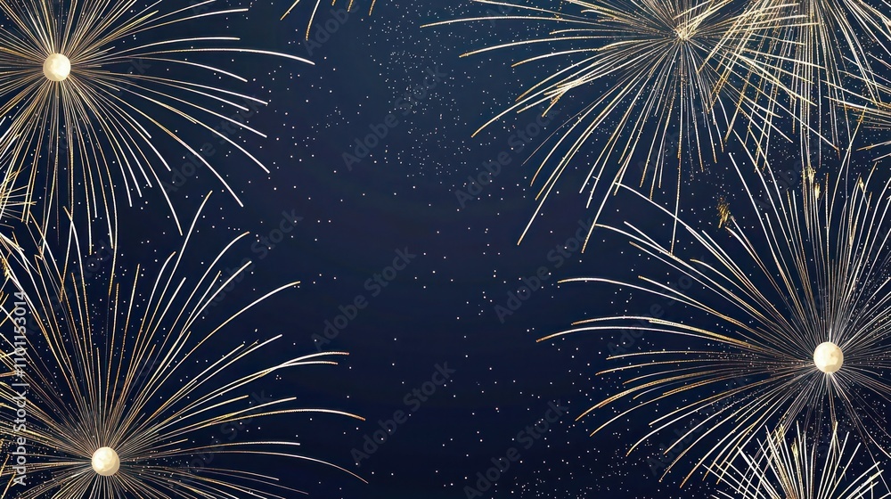 Obraz premium Artistic New Year design with negative space fireworks shown as thin, intersecting lines. The background transitions from deep navy to midnight blue, with subtle, abstract color splashes in gold 