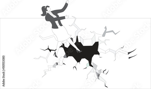 Businesswoman falling down a crevasse; Below his feet is a terrifyingly large and deep crack