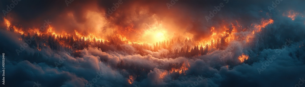 Obraz premium Dramatic Forest Fire with Intense Flames and Smoke in a Dense Woodland Setting Captured at Sunset