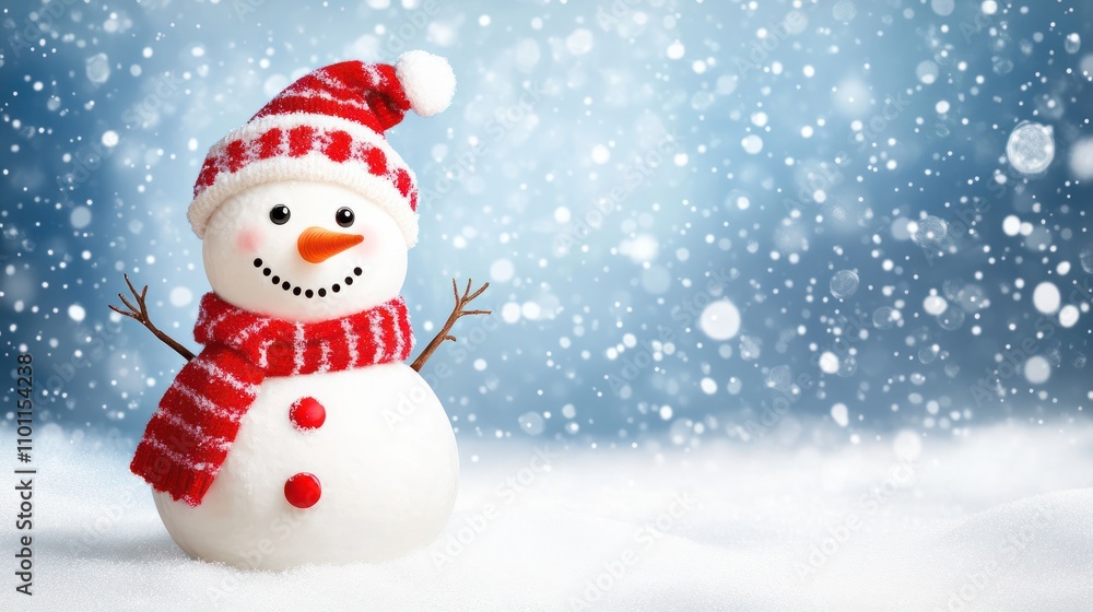 Fototapeta premium Happy snowman standing isolated on white background. Merry christmas and happy new year greeting card. Funny snowman in hat on snowy background. Copy space for text