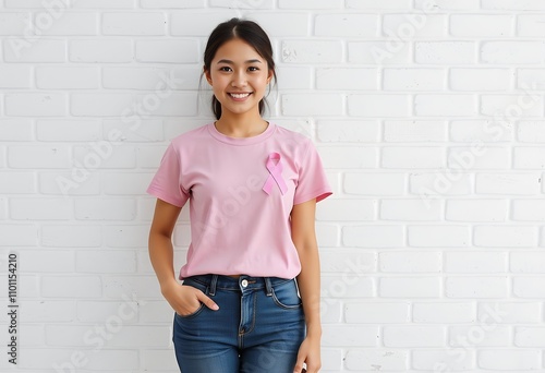 Woman in Pink T Shirt Breast Cancer Awareness Ribbon White Brick Wall Background